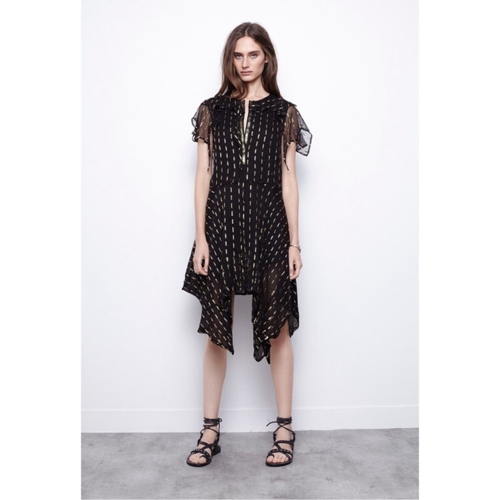 Zadig & Voltaire Rool Shiny Black and Gold Lurex Midi Handkerchief Dress M
